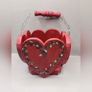 Handcrafted Heart Shape Wooden Basket Hand Painted Cottage Core Style